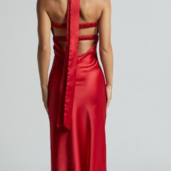 Cady Maxi Dress - Ruched Bust Rosette Detail Satin Dress in Red - Picture 4 of 4